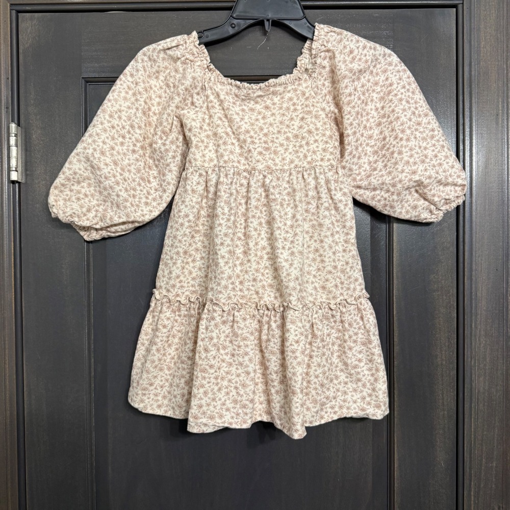 Tullabee Girls Floral Puff Sleeve Tiered Smocked Dress Cream Tan Size 6Y